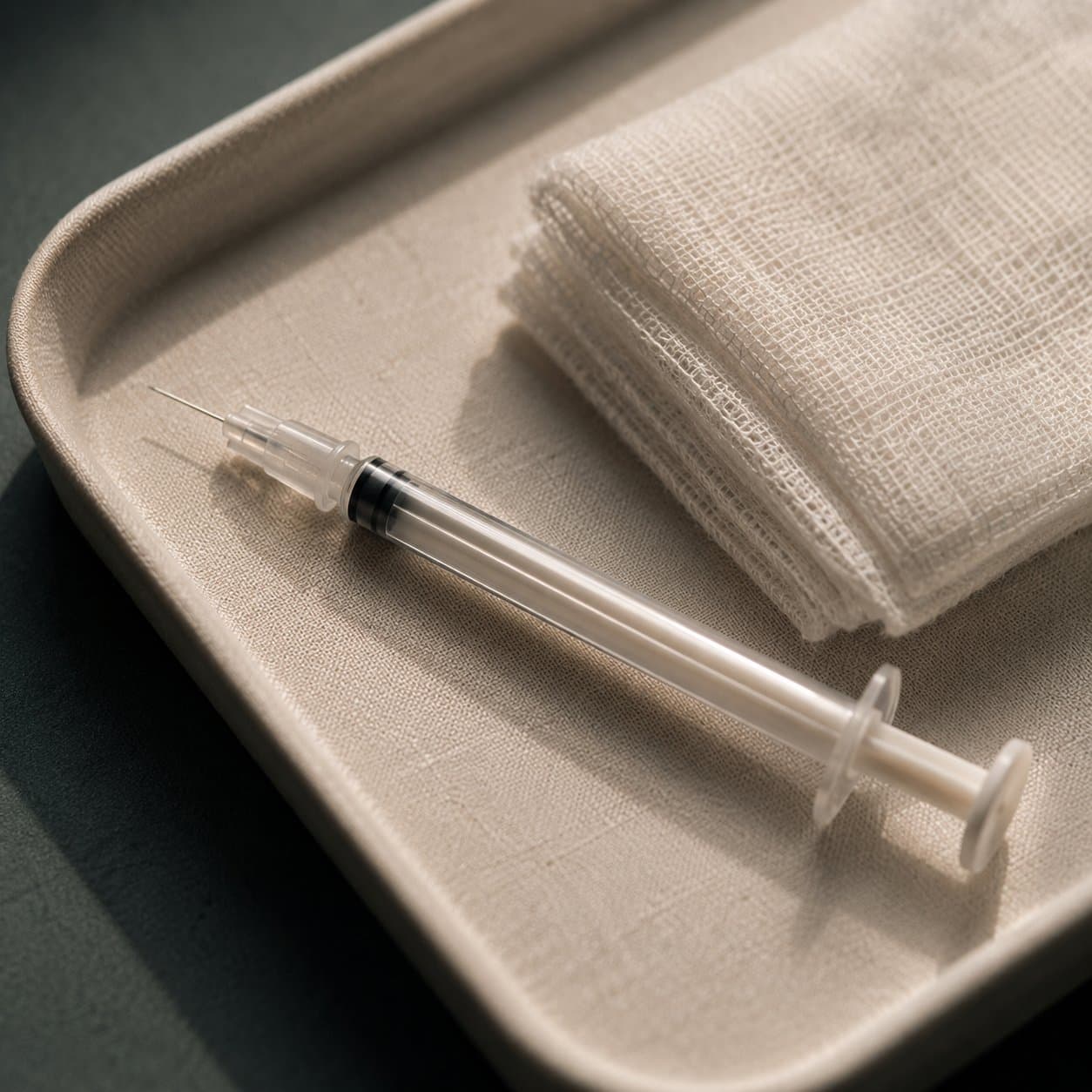 A prepared syringe and gauze laid out on a linen tray