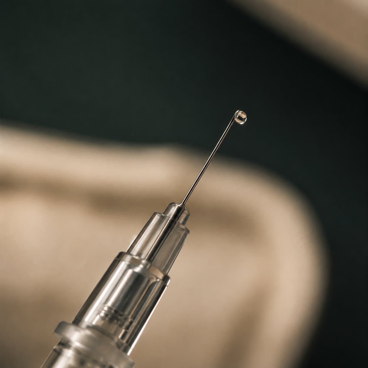 A dermal filler syringe in close detail on stone