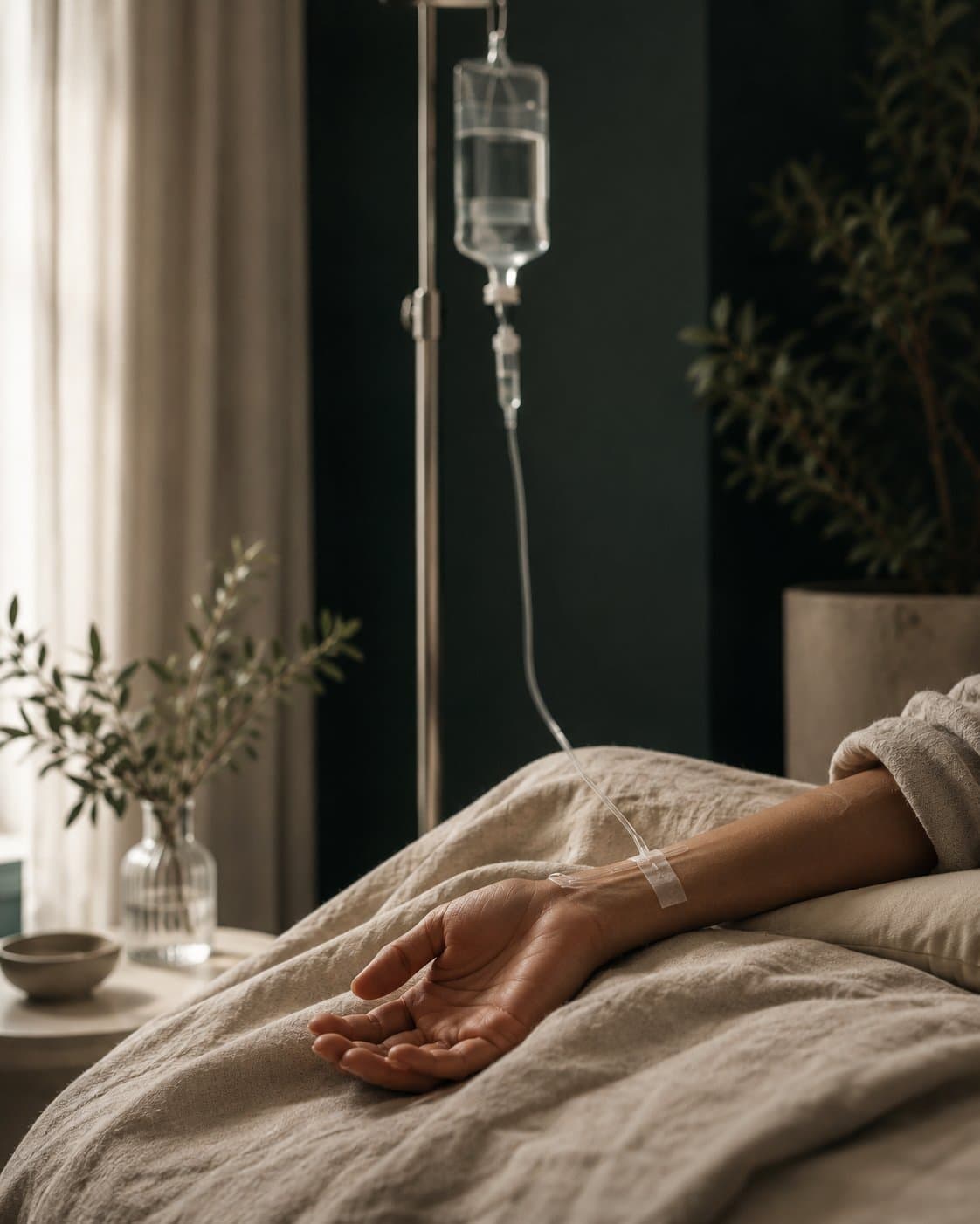An IV drip running beside a resting client