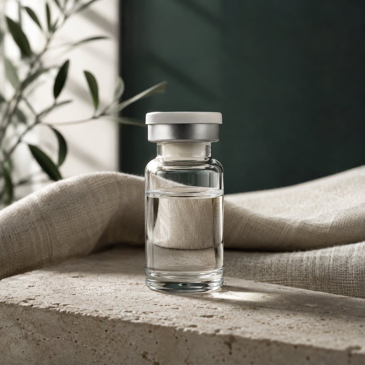 A treatment vial standing on a travertine ledge