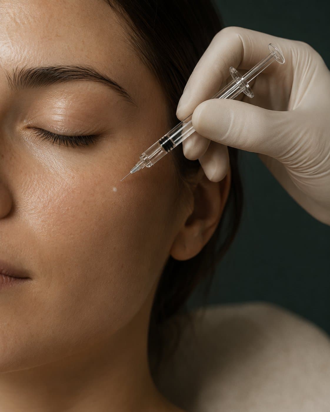 A fine syringe brought to a reclined client's cheek