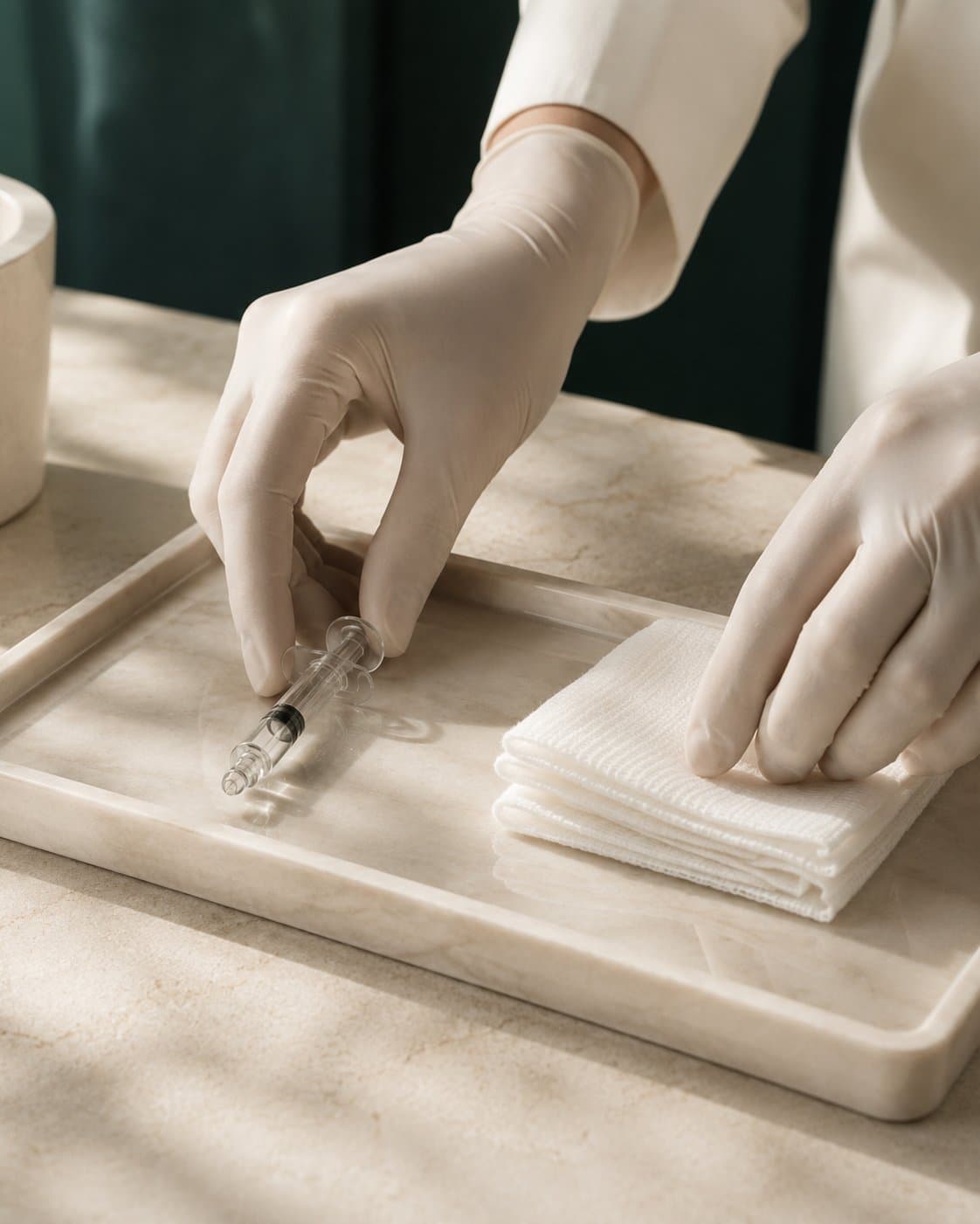 A practitioner preparing gauze and syringe on a treatment tray